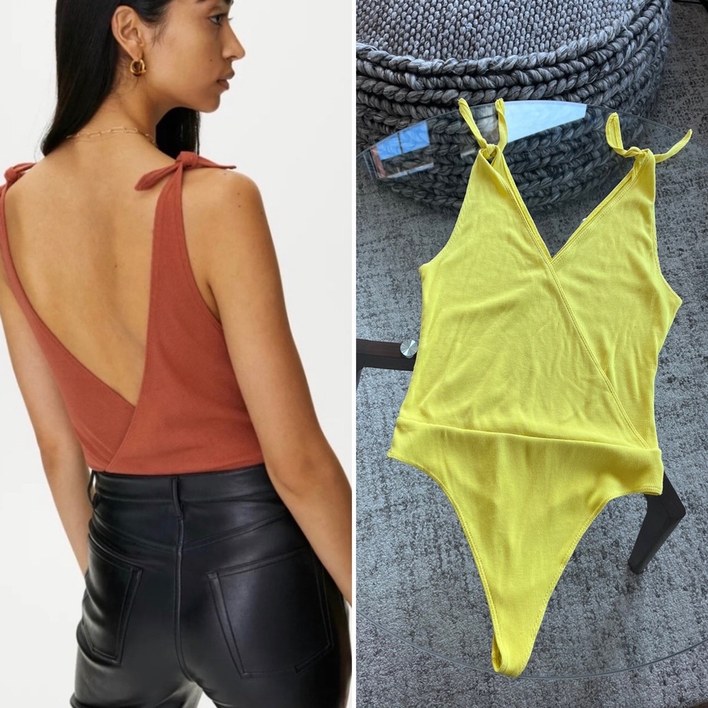 Aritzia Wilfred Tie-Shoulder V-Neck Ribbed Bodysuit - Yellow & Rust